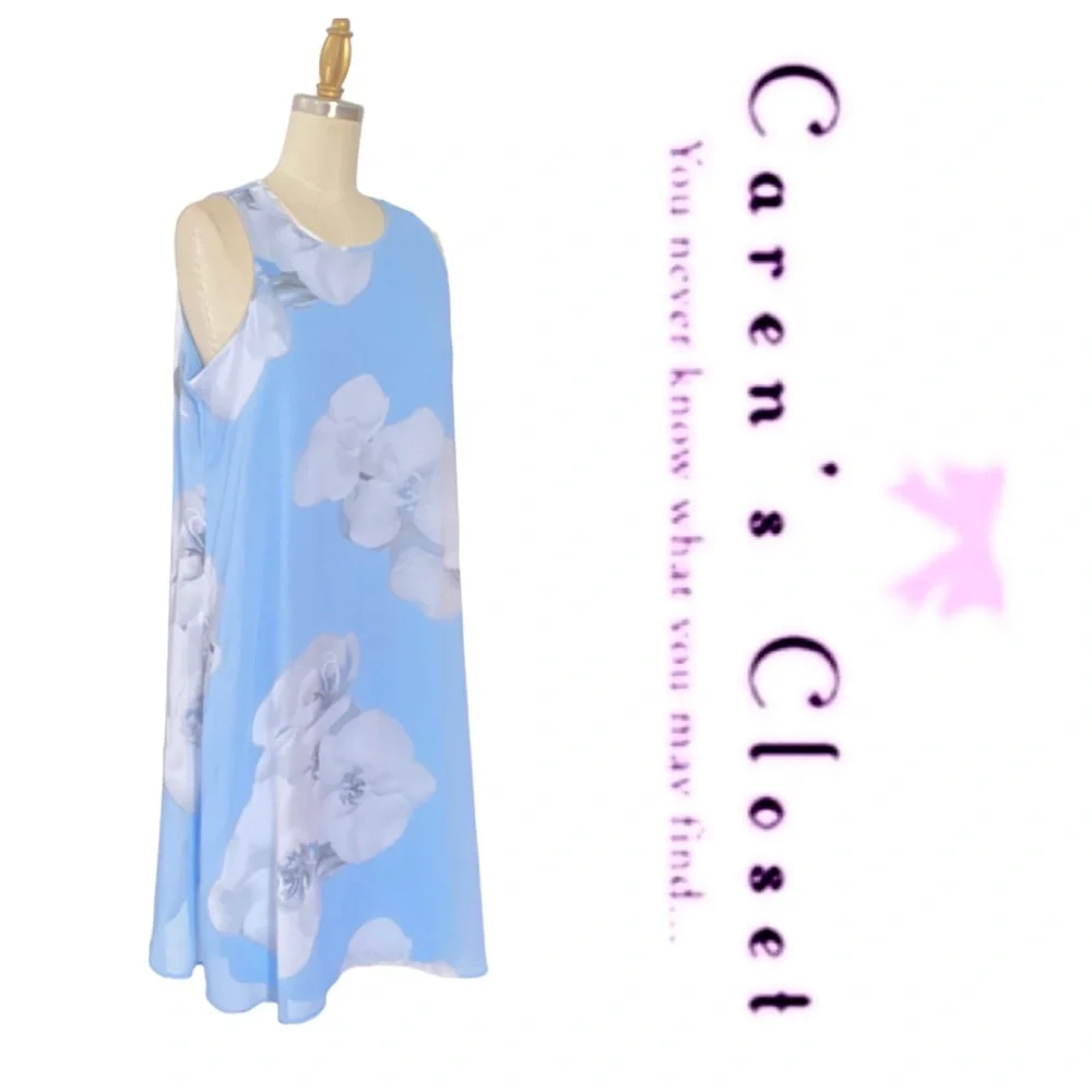 Calvin Klein Powder Blue Floral Print Chiffon Trapeze Sleeveless Dress - Picture 3 of 10